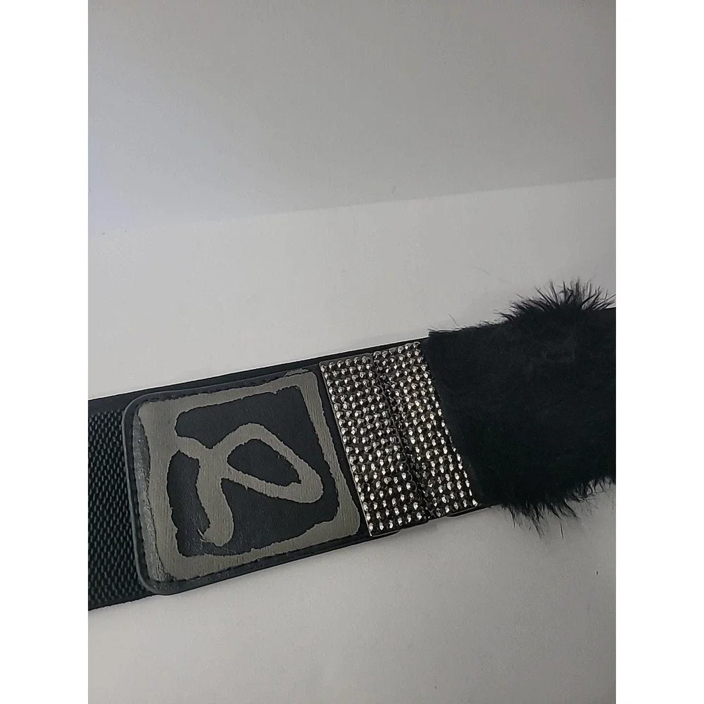 Vintage Black Faux Fur Rhinestones Stretch Belt Medium Large‎ Glam Statement